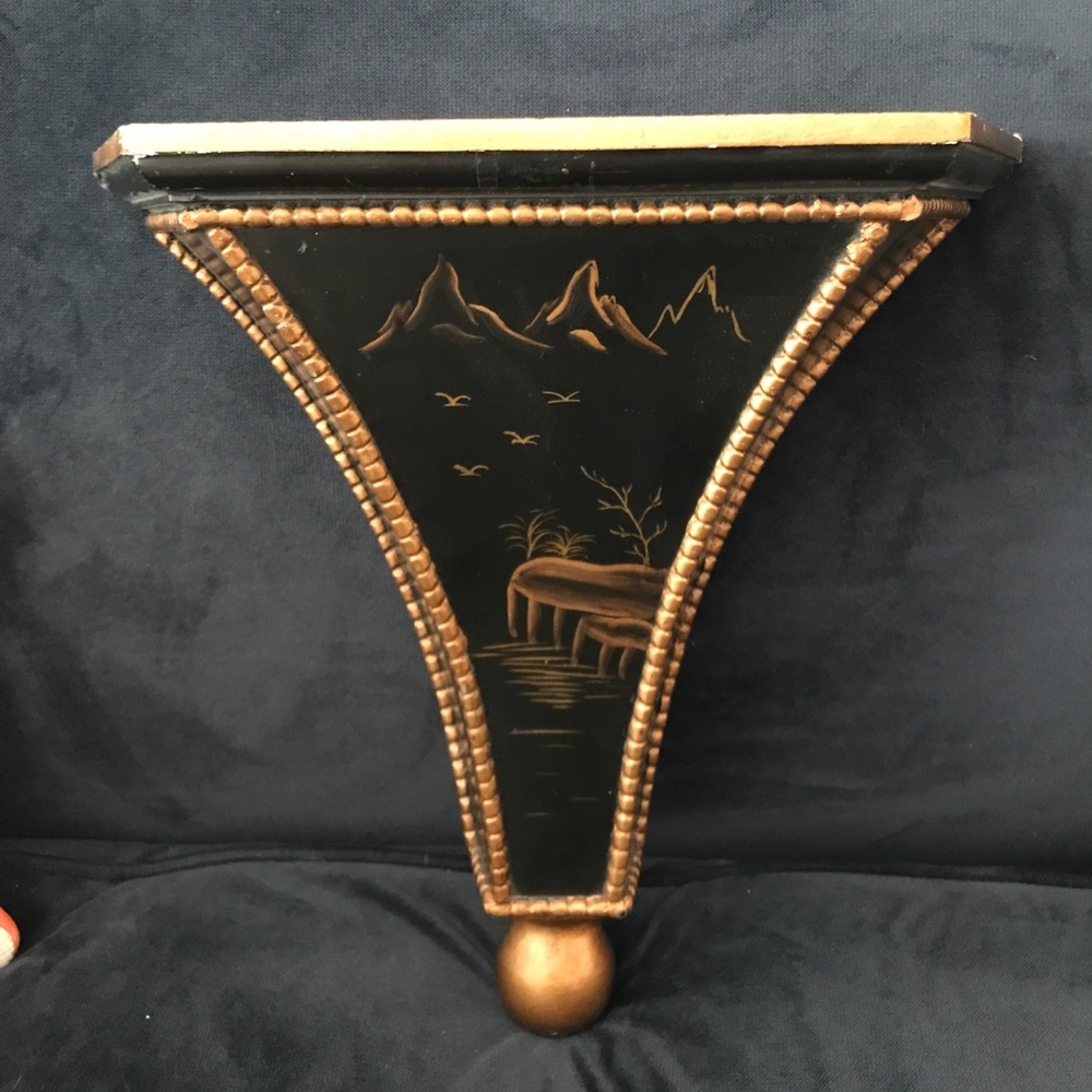 Vintage Black Lacquer Hand Painted Shelf